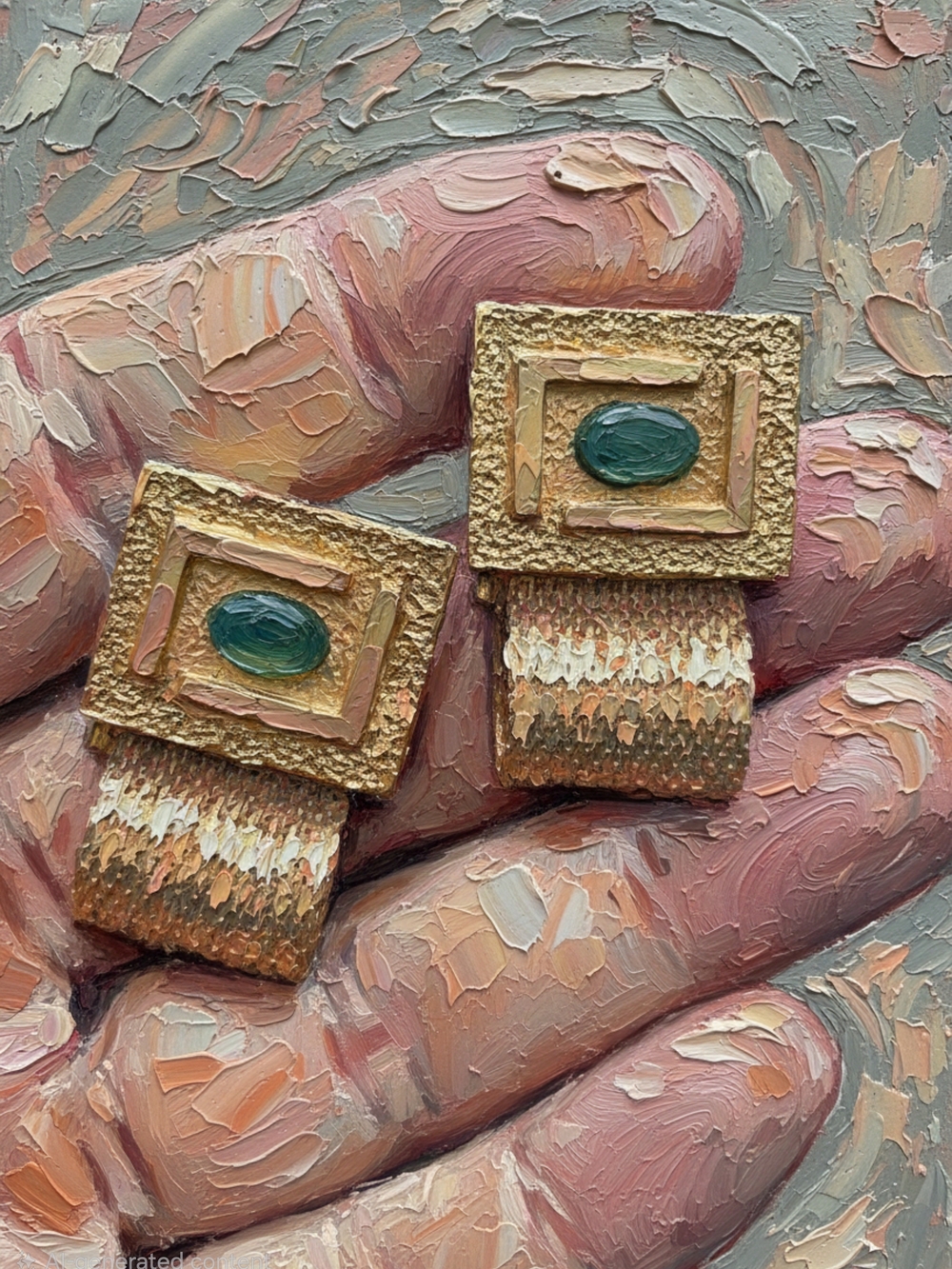 Gold Tone Mens Cuff Links w/ Green Oval Cabochons Gemstones